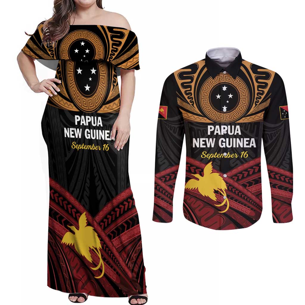 Papua New Guinea Bird of Paradise Couples Matching Off Shoulder Maxi Dress and Long Sleeve Button Shirt 16 September 1975 Independence Day Anniversary