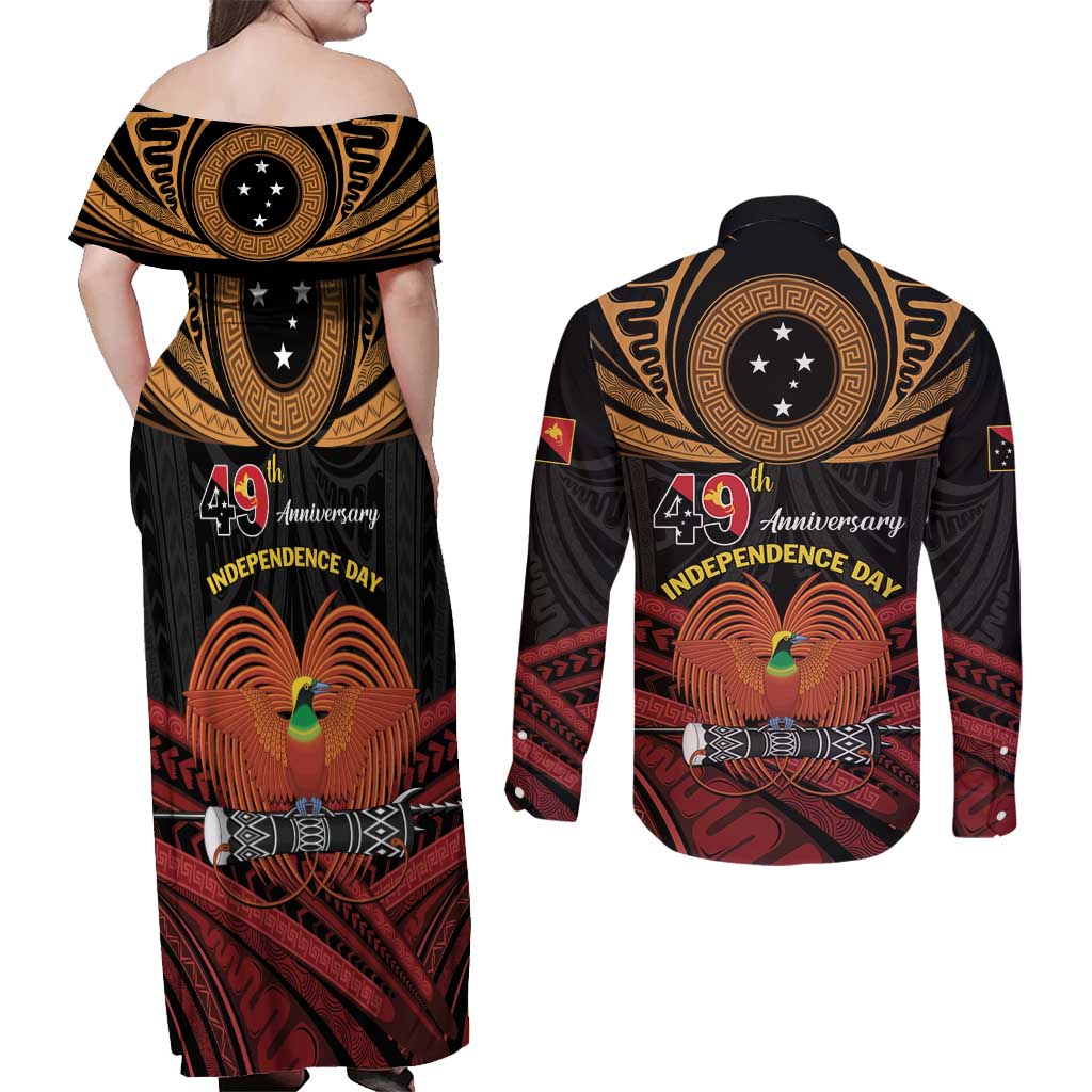Papua New Guinea Bird of Paradise Couples Matching Off Shoulder Maxi Dress and Long Sleeve Button Shirt 16 September 1975 Independence Day Anniversary