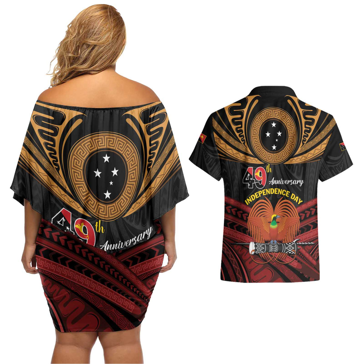 Papua New Guinea Bird of Paradise Couples Matching Off Shoulder Short Dress and Hawaiian Shirt 16 September 1975 Independence Day Anniversary