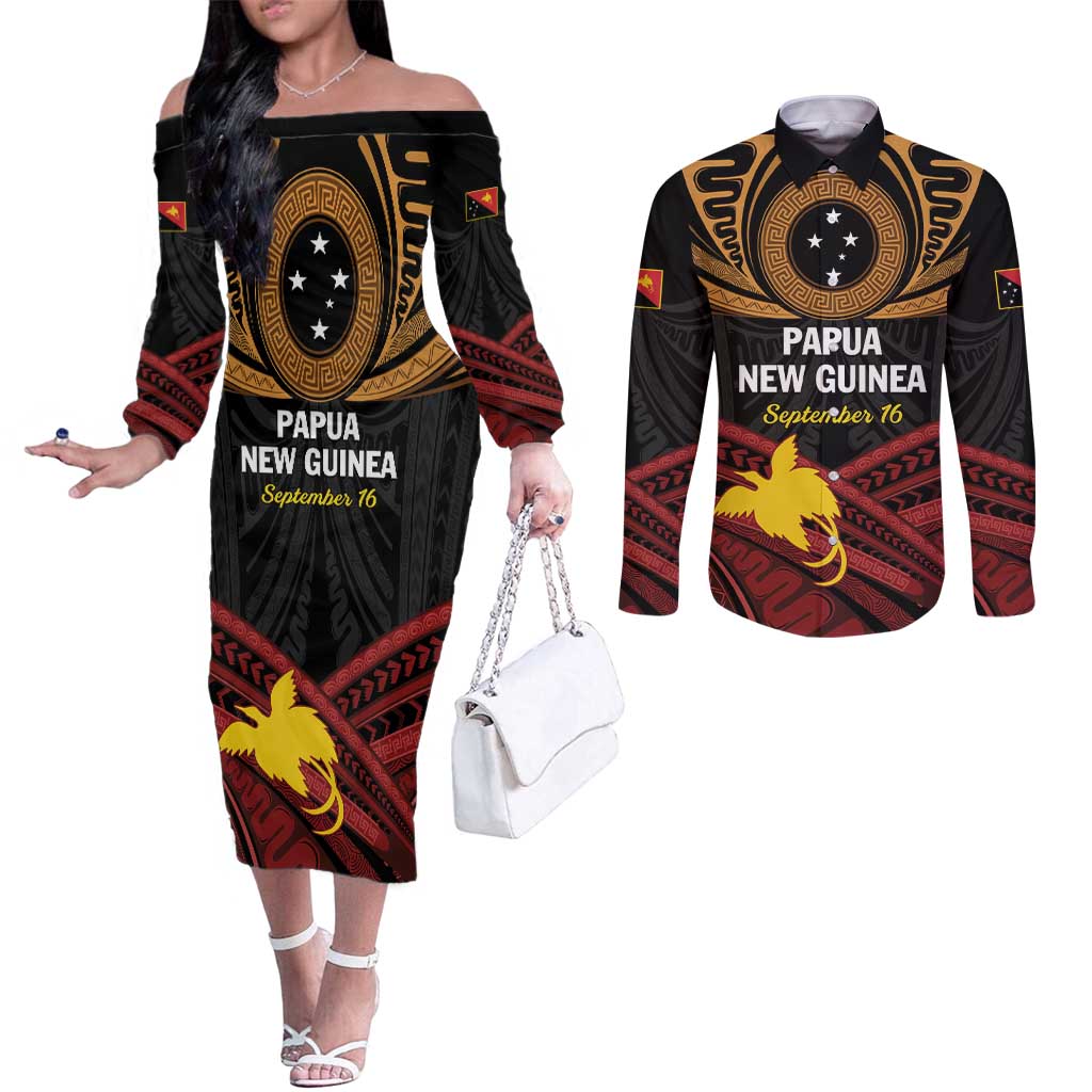 Papua New Guinea Bird of Paradise Couples Matching Off The Shoulder Long Sleeve Dress and Long Sleeve Button Shirt 16 September 1975 Independence Day Anniversary