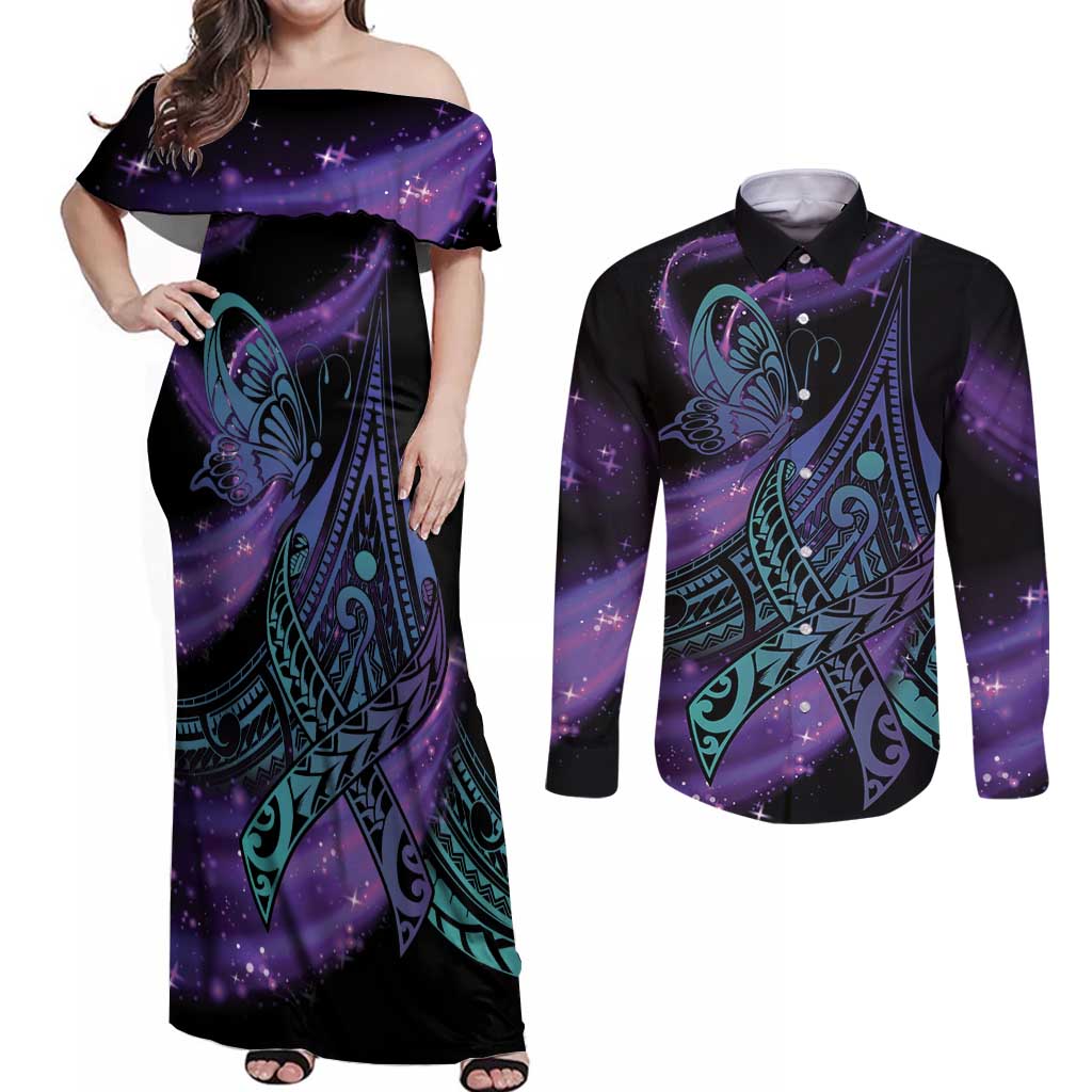 In September We Wear Teal And Purple Couples Matching Off Shoulder Maxi Dress and Long Sleeve Button Shirt Magic Ribbon Semicolon