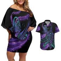 In September We Wear Teal And Purple Couples Matching Off Shoulder Short Dress and Hawaiian Shirt Magic Ribbon Semicolon