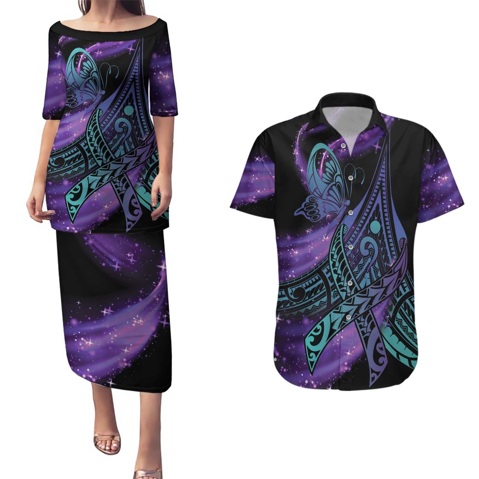 In September We Wear Teal And Purple Couples Matching Puletasi and Hawaiian Shirt Magic Ribbon Semicolon