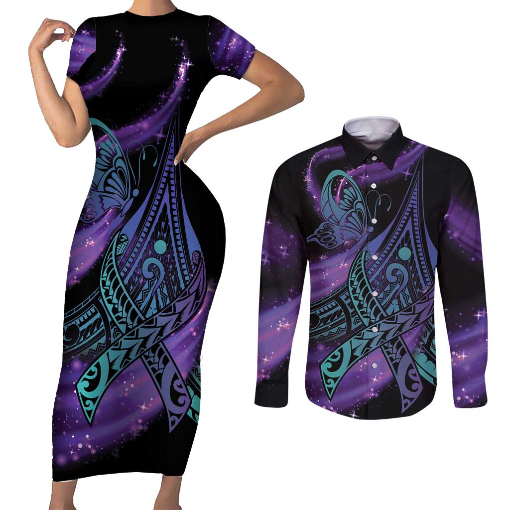In September We Wear Teal And Purple Couples Matching Short Sleeve Bodycon Dress and Long Sleeve Button Shirt Magic Ribbon Semicolon