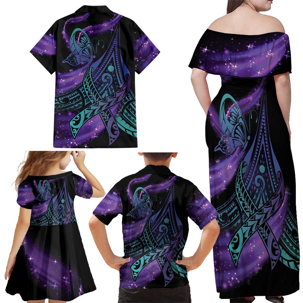 In September We Wear Teal And Purple Family Matching Off Shoulder Maxi Dress and Hawaiian Shirt Magic Ribbon Semicolon