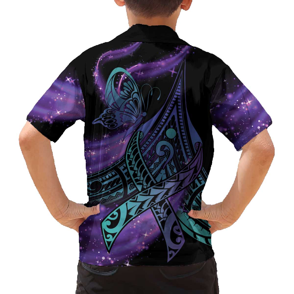 In September We Wear Teal And Purple Family Matching Off Shoulder Short Dress and Hawaiian Shirt Magic Ribbon Semicolon