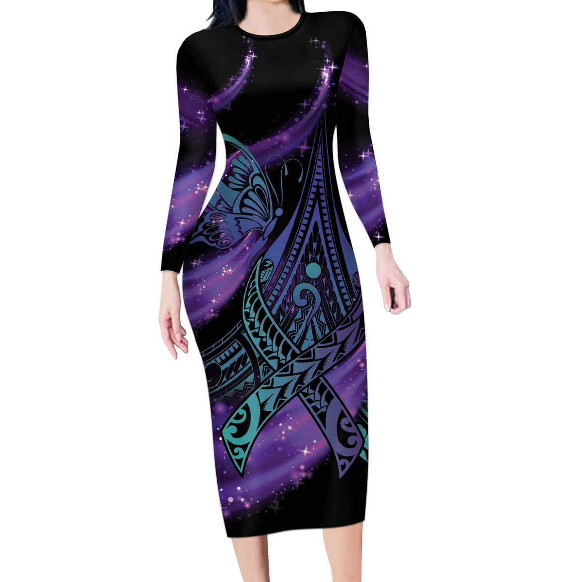 In September We Wear Teal And Purple Long Sleeve Bodycon Dress Magic Ribbon Semicolon