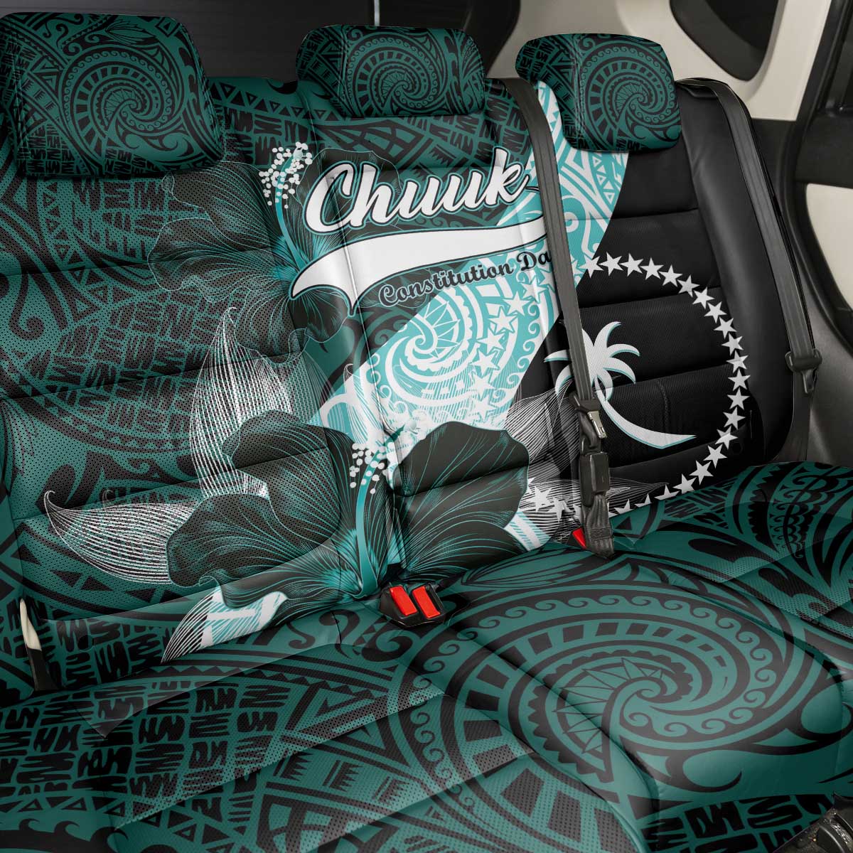 Chuuk Constitution Day Back Car Seat Cover Hibiscus Turquoise Pattern