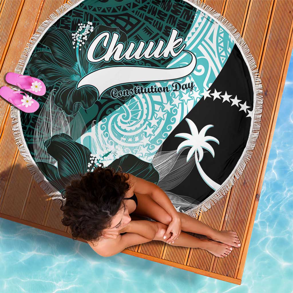 Chuuk Constitution Day Beach Blanket Hibiscus Turquoise Pattern