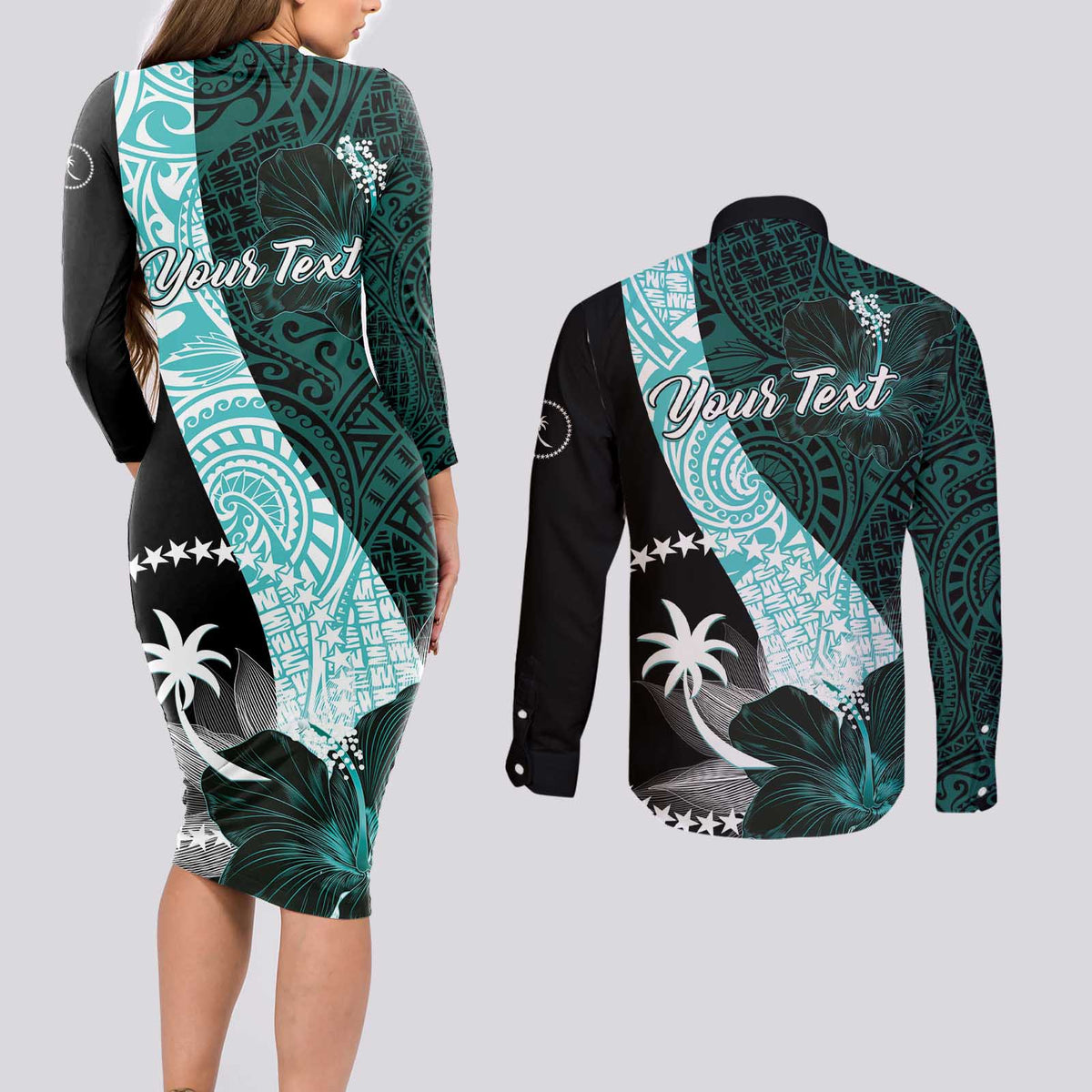 Chuuk Constitution Day Couples Matching Long Sleeve Bodycon Dress and Long Sleeve Button Shirt Hibiscus Turquoise Pattern