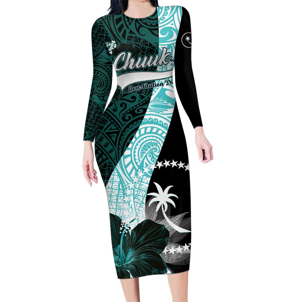 Chuuk Constitution Day Family Matching Long Sleeve Bodycon Dress and Hawaiian Shirt Hibiscus Turquoise Pattern