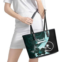 Chuuk Constitution Day Leather Tote Bag Hibiscus Turquoise Pattern