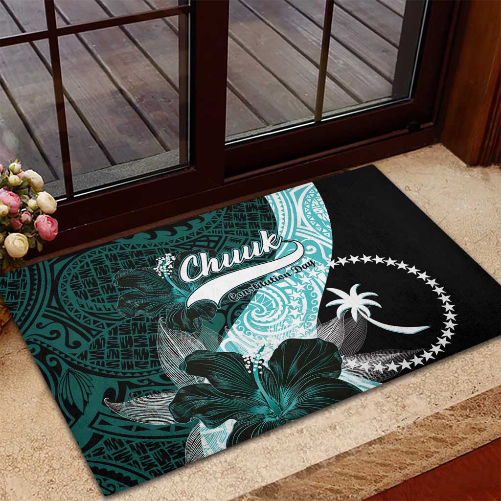 Chuuk Constitution Day Rubber Doormat Hibiscus Turquoise Pattern