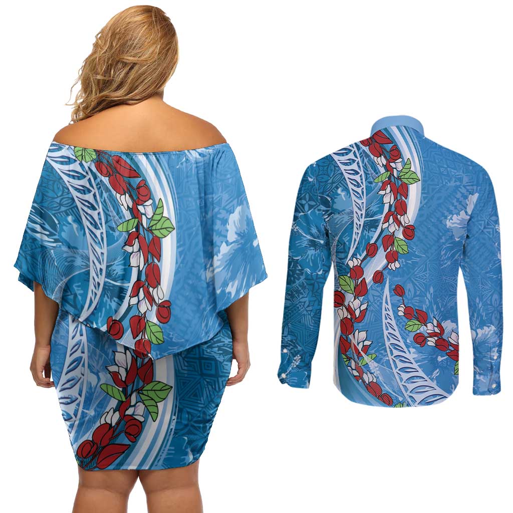 Fiji Tagimaucia Floral Couples Matching Off Shoulder Short Dress and Long Sleeve Button Shirt Tapa Pattern