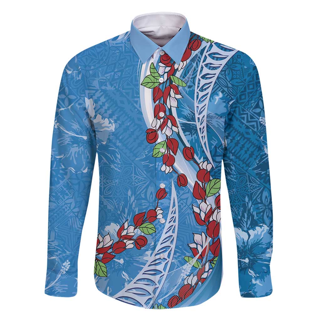 Fiji Tagimaucia Floral Family Matching Long Sleeve Bodycon Dress and Hawaiian Shirt Tapa Pattern