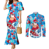 Hawaii Christmas Couples Matching Mermaid Dress and Long Sleeve Button Shirt Santa Claus Surfing Kakau Tropical Style LT01 Blue - Polynesian Pride