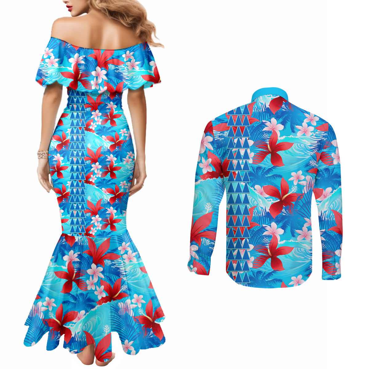 Hawaii Christmas Couples Matching Mermaid Dress and Long Sleeve Button Shirt Santa Claus Surfing Kakau Tropical Style LT01 - Polynesian Pride