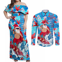 Hawaii Christmas Couples Matching Off Shoulder Maxi Dress and Long Sleeve Button Shirt Santa Claus Surfing Kakau Tropical Style LT01 Blue - Polynesian Pride