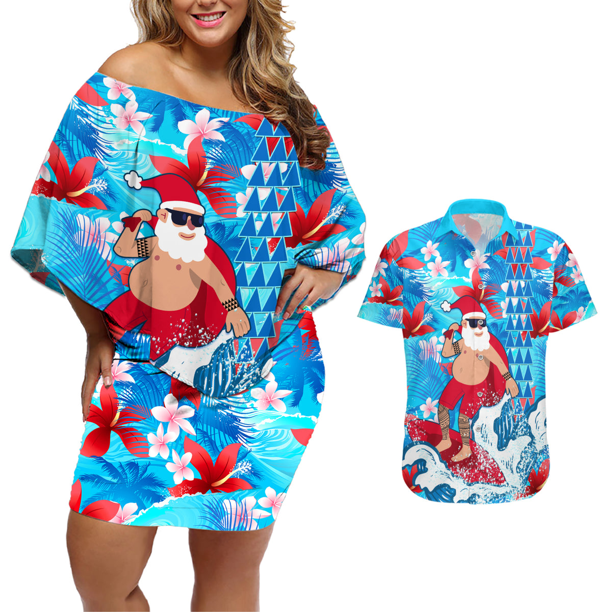 Hawaii Christmas Couples Matching Off Shoulder Short Dress and Hawaiian Shirt Santa Claus Surfing Kakau Tropical Style LT01 Blue - Polynesian Pride