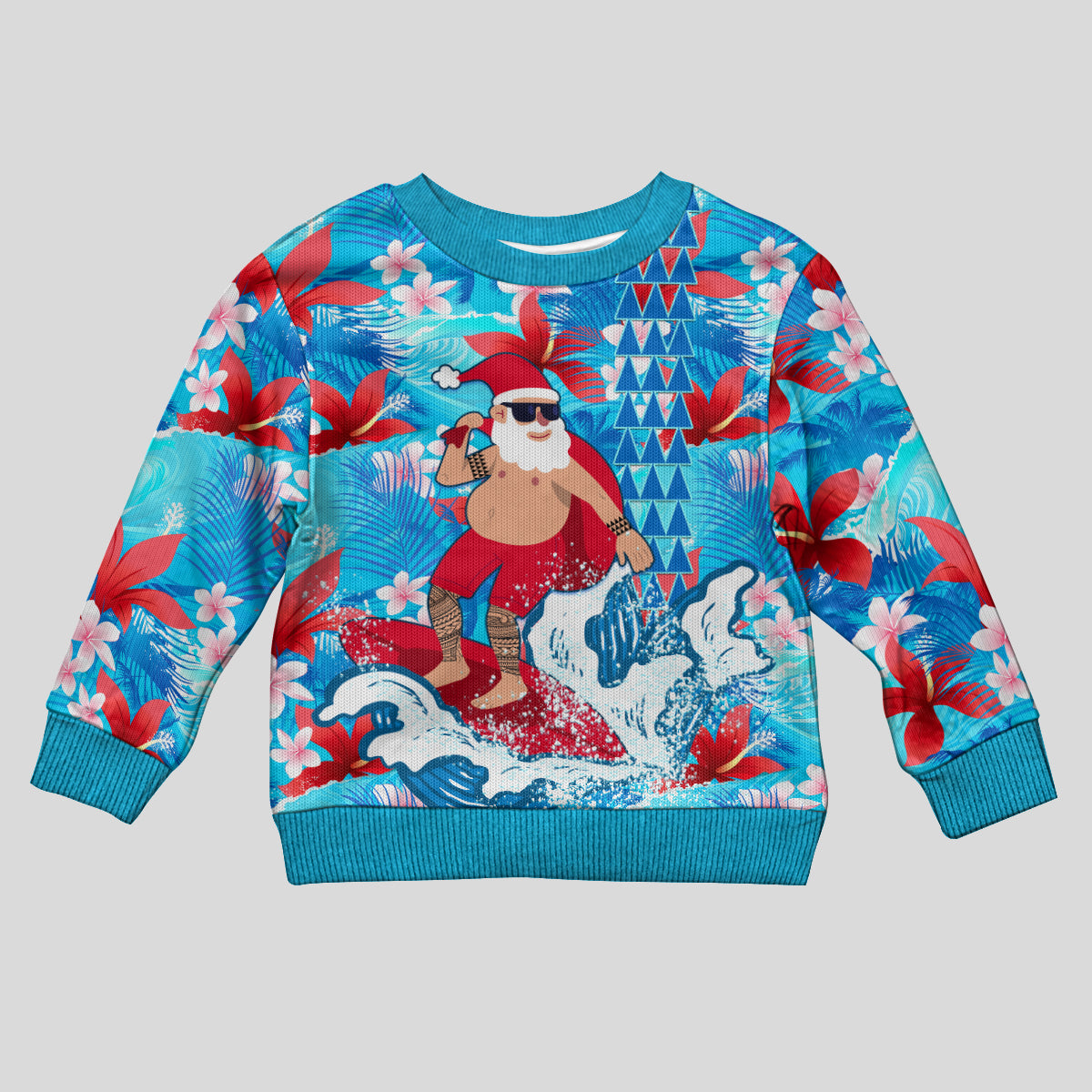 Hawaii Christmas Kid Ugly Christmas Sweater Santa Claus Surfing Kakau Tropical Style LT01 Kid Blue - Polynesian Pride