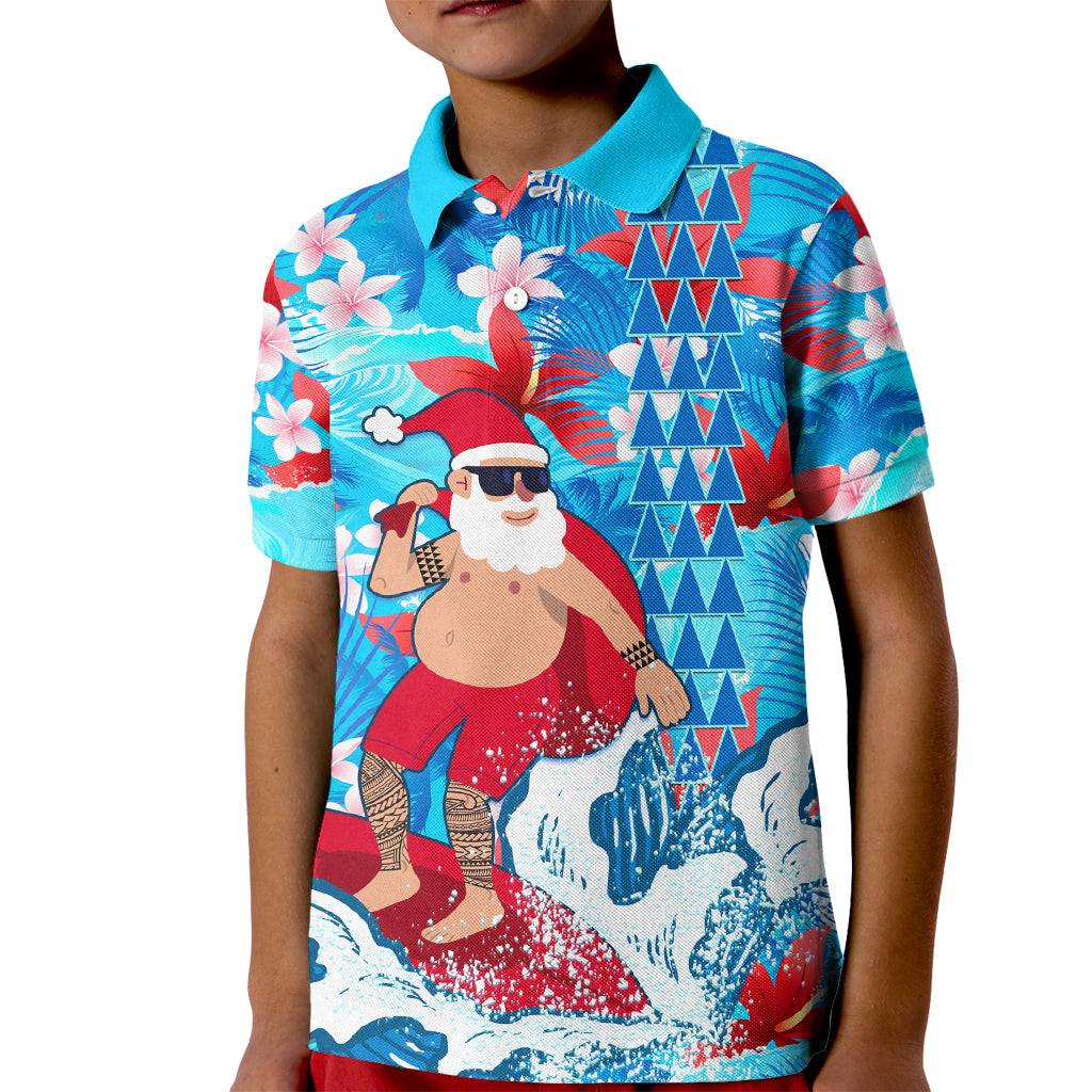 Hawaii Christmas Kid Polo Shirt Santa Claus Surfing Kakau Tropical Style LT01 Kid Blue - Polynesian Pride
