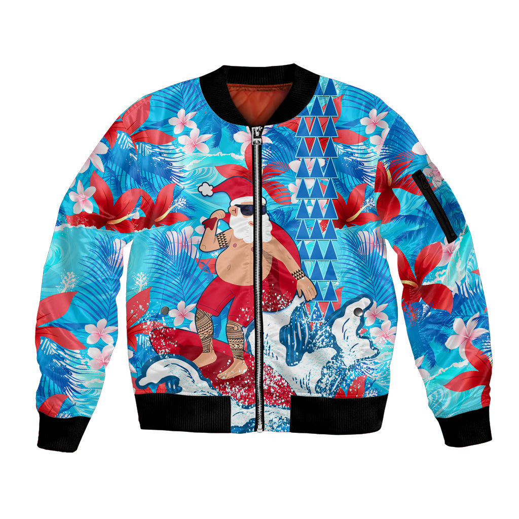 Hawaii Christmas Sleeve Zip Bomber Jacket Santa Claus Surfing Kakau Tropical Style LT01 Unisex Blue - Polynesian Pride