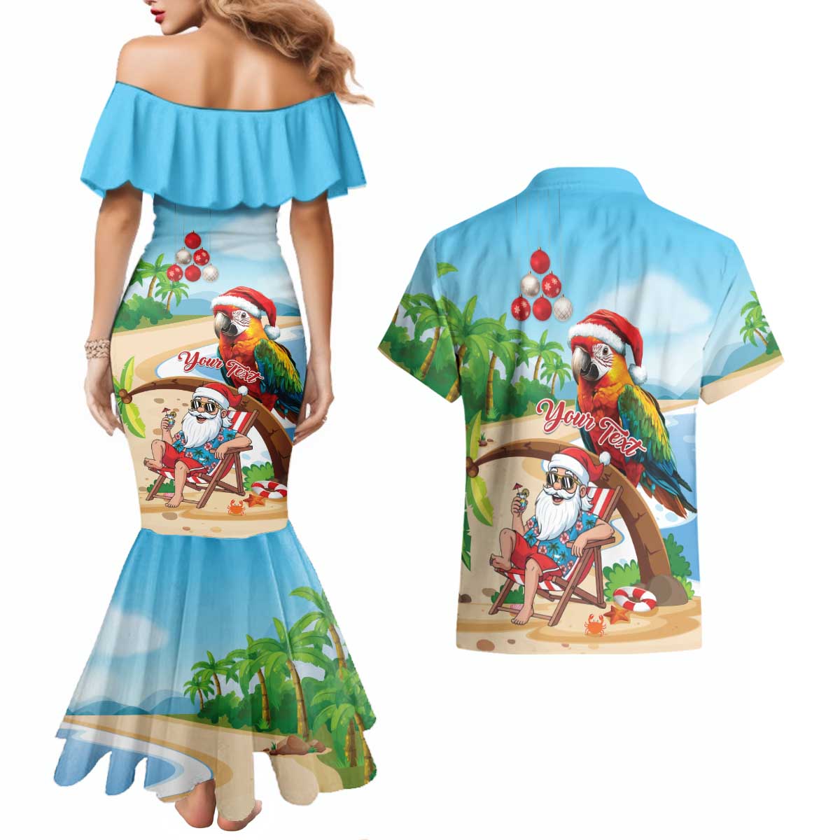 Personalized Hawaii Santa Parrot Christmas Couples Matching Mermaid Dress and Hawaiian Shirt Summer Vibe LT01 - Polynesian Pride