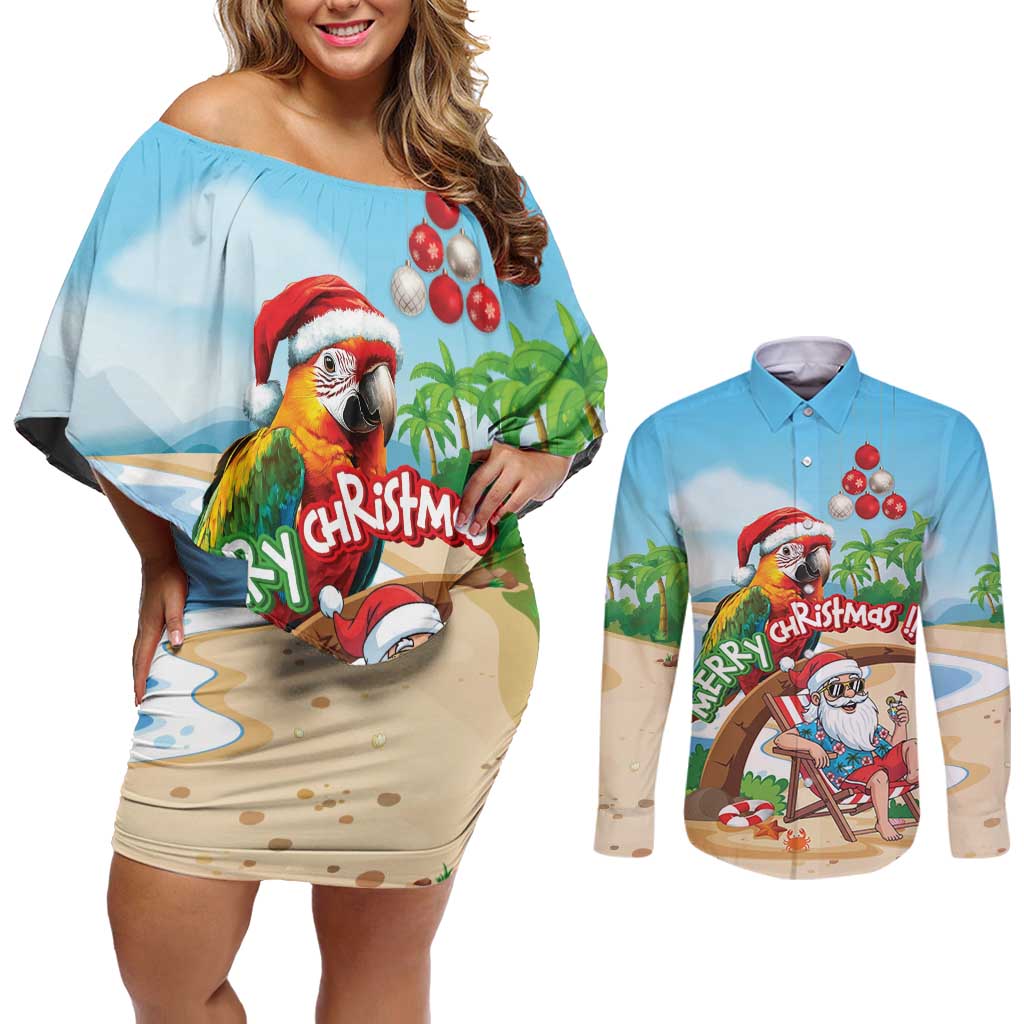 Personalized Hawaii Santa Parrot Christmas Couples Matching Off Shoulder Short Dress and Long Sleeve Button Shirt Summer Vibe LT01 Blue - Polynesian Pride