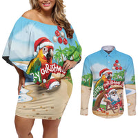 Personalized Hawaii Santa Parrot Christmas Couples Matching Off Shoulder Short Dress and Long Sleeve Button Shirt Summer Vibe LT01 Blue - Polynesian Pride