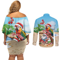 Personalized Hawaii Santa Parrot Christmas Couples Matching Off Shoulder Short Dress and Long Sleeve Button Shirt Summer Vibe LT01 - Polynesian Pride