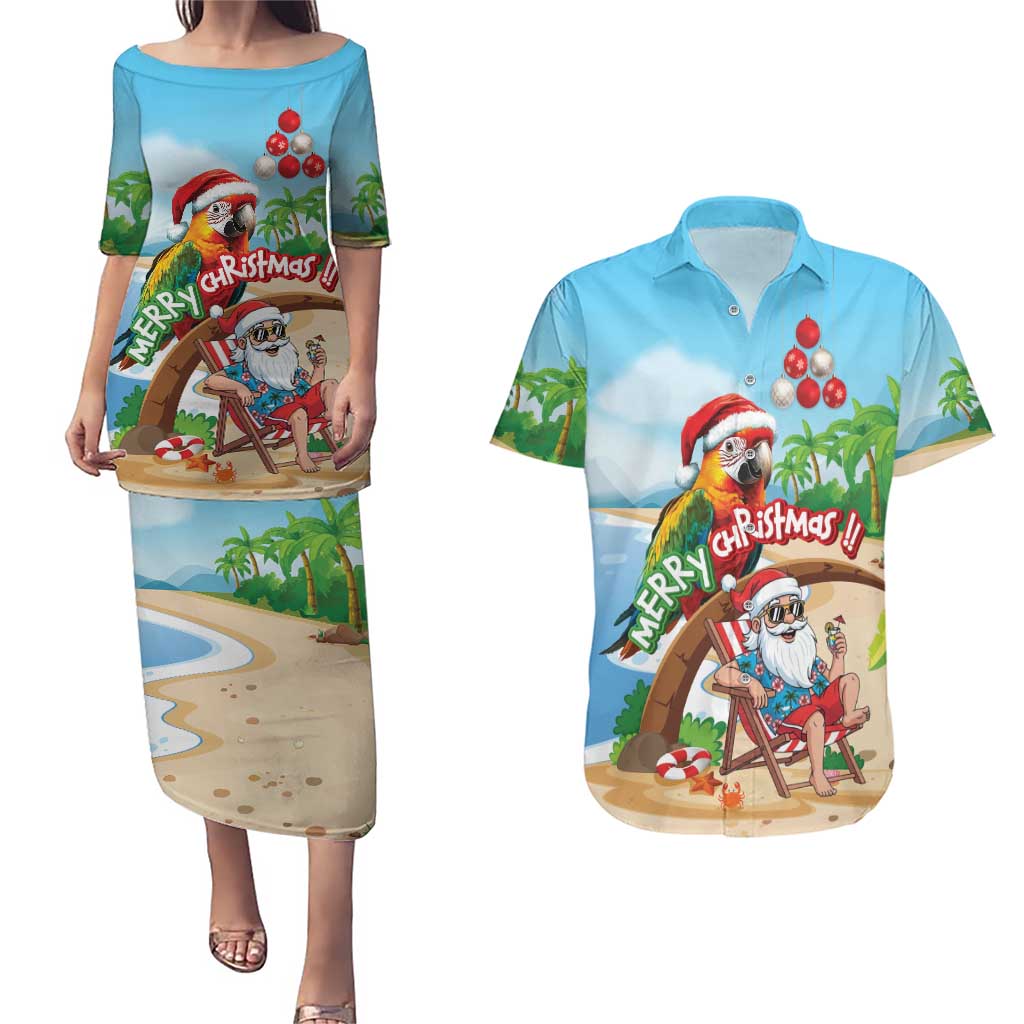 Personalized Hawaii Santa Parrot Christmas Couples Matching Puletasi and Hawaiian Shirt Summer Vibe - Polynesian Pride