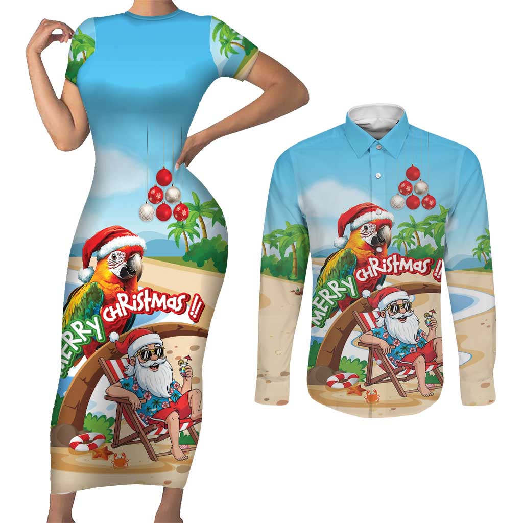 Personalized Hawaii Santa Parrot Christmas Couples Matching Short Sleeve Bodycon Dress and Long Sleeve Button Shirt Summer Vibe - Polynesian Pride