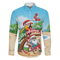 Personalized Hawaii Santa Parrot Christmas Family Matching Long Sleeve Bodycon Dress and Hawaiian Shirt Summer Vibe LT01 Dad's Shirt - Long Sleeve Blue - Polynesian Pride
