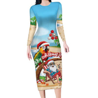 Personalized Hawaii Santa Parrot Christmas Family Matching Long Sleeve Bodycon Dress and Hawaiian Shirt Summer Vibe LT01 Mom's Dress Blue - Polynesian Pride