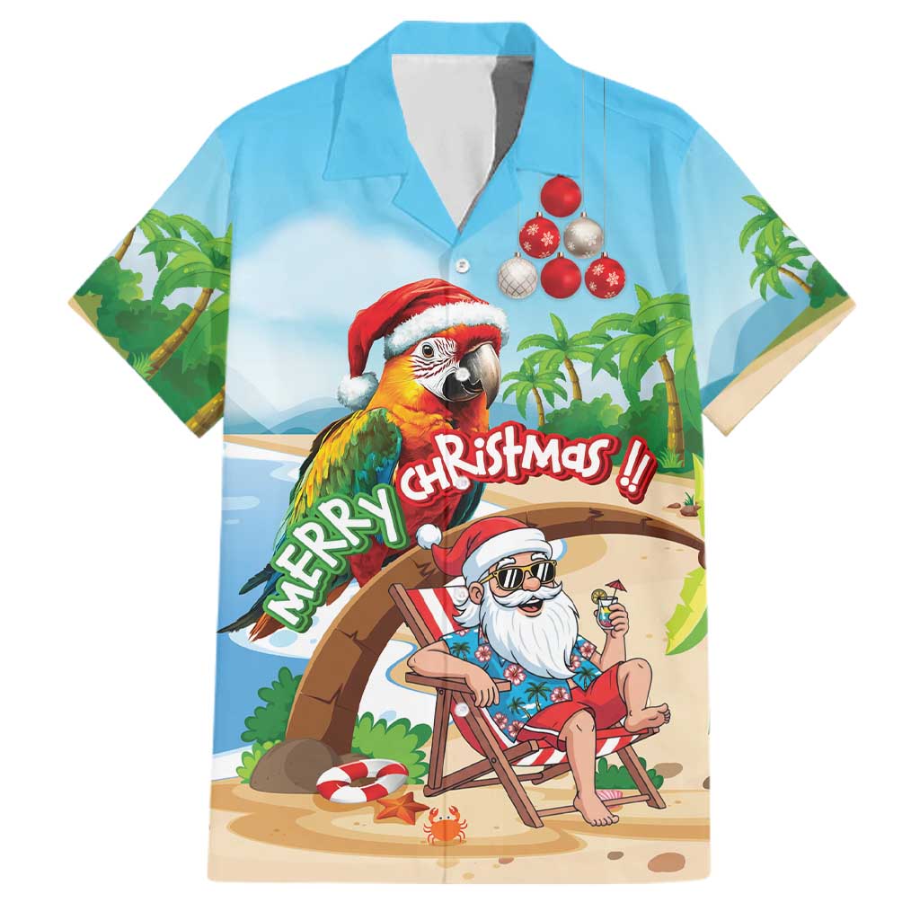 Personalized Hawaii Santa Parrot Christmas Family Matching Short Sleeve Bodycon Dress and Hawaiian Shirt Summer Vibe LT01 Dad's Shirt - Short Sleeve Blue - Polynesian Pride