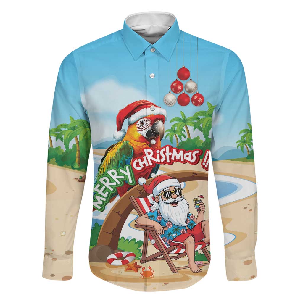 Personalized Hawaii Santa Parrot Christmas Family Matching Short Sleeve Bodycon Dress and Hawaiian Shirt Summer Vibe LT01 Dad's Shirt - Long Sleeve Blue - Polynesian Pride
