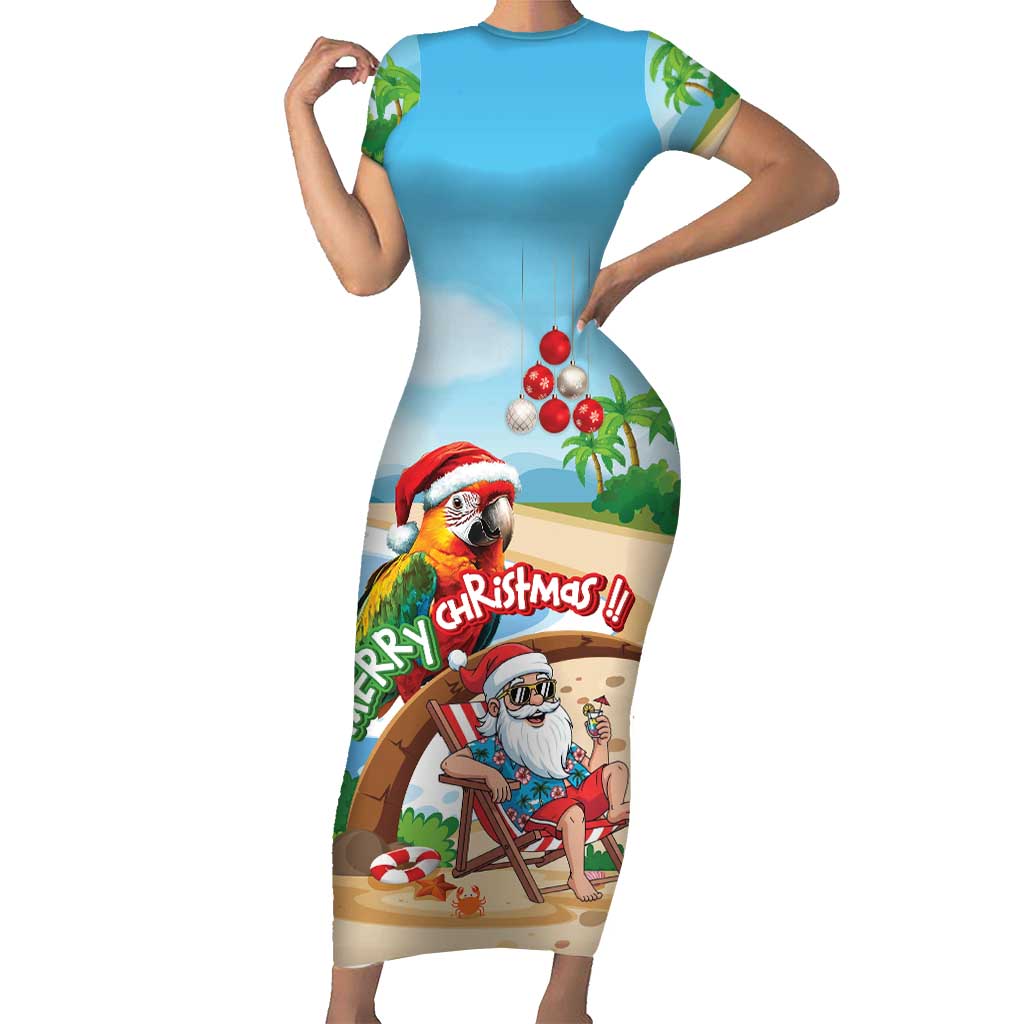 Personalized Hawaii Santa Parrot Christmas Family Matching Short Sleeve Bodycon Dress and Hawaiian Shirt Summer Vibe LT01 Mom's Dress Blue - Polynesian Pride