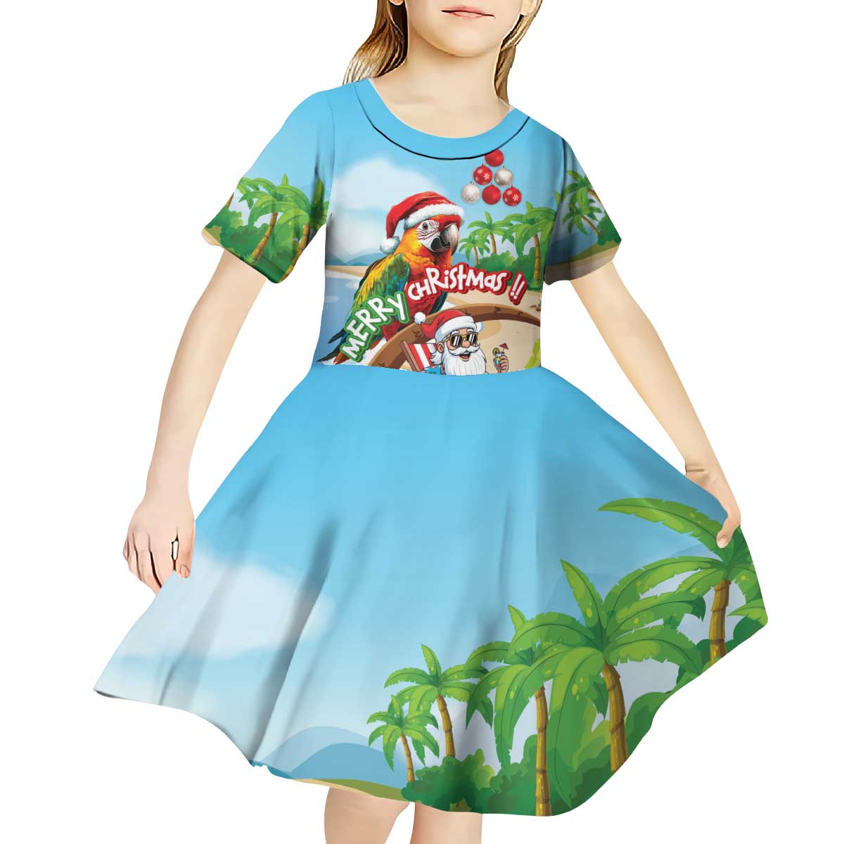 Personalized Hawaii Santa Parrot Christmas Kid Short Sleeve Dress Summer Vibe - Polynesian Pride