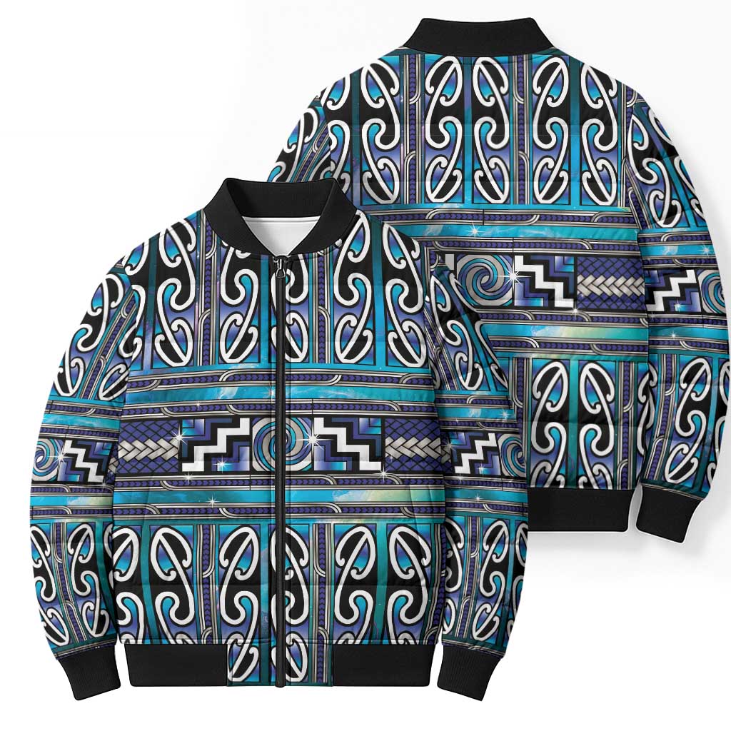 Maori Matariki Bomber Puffer Jacket Blue Galaxy Aesthetic Koru Art