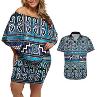 Maori Matariki Couples Matching Off Shoulder Short Dress and Hawaiian Shirt Blue Galaxy Aesthetic Koru Art