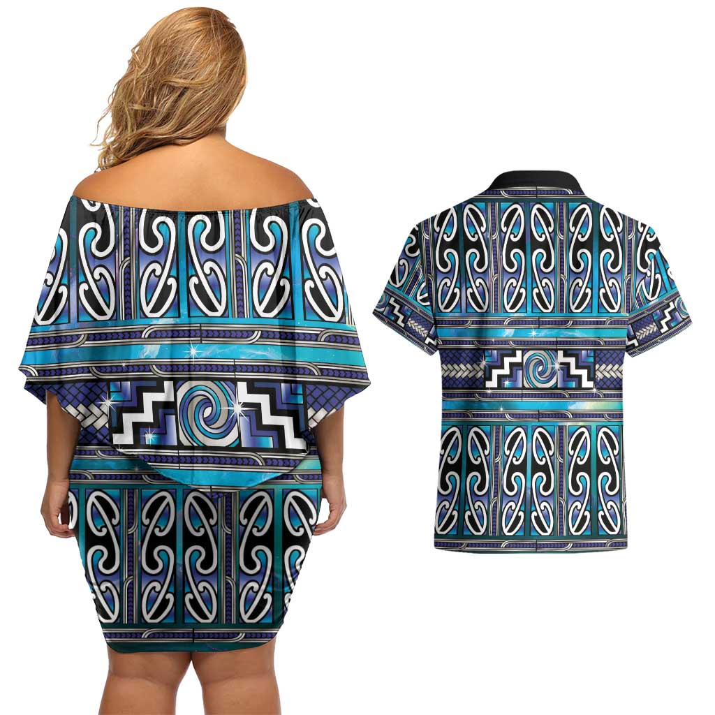 Maori Matariki Couples Matching Off Shoulder Short Dress and Hawaiian Shirt Blue Galaxy Aesthetic Koru Art