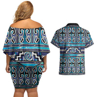 Maori Matariki Couples Matching Off Shoulder Short Dress and Hawaiian Shirt Blue Galaxy Aesthetic Koru Art