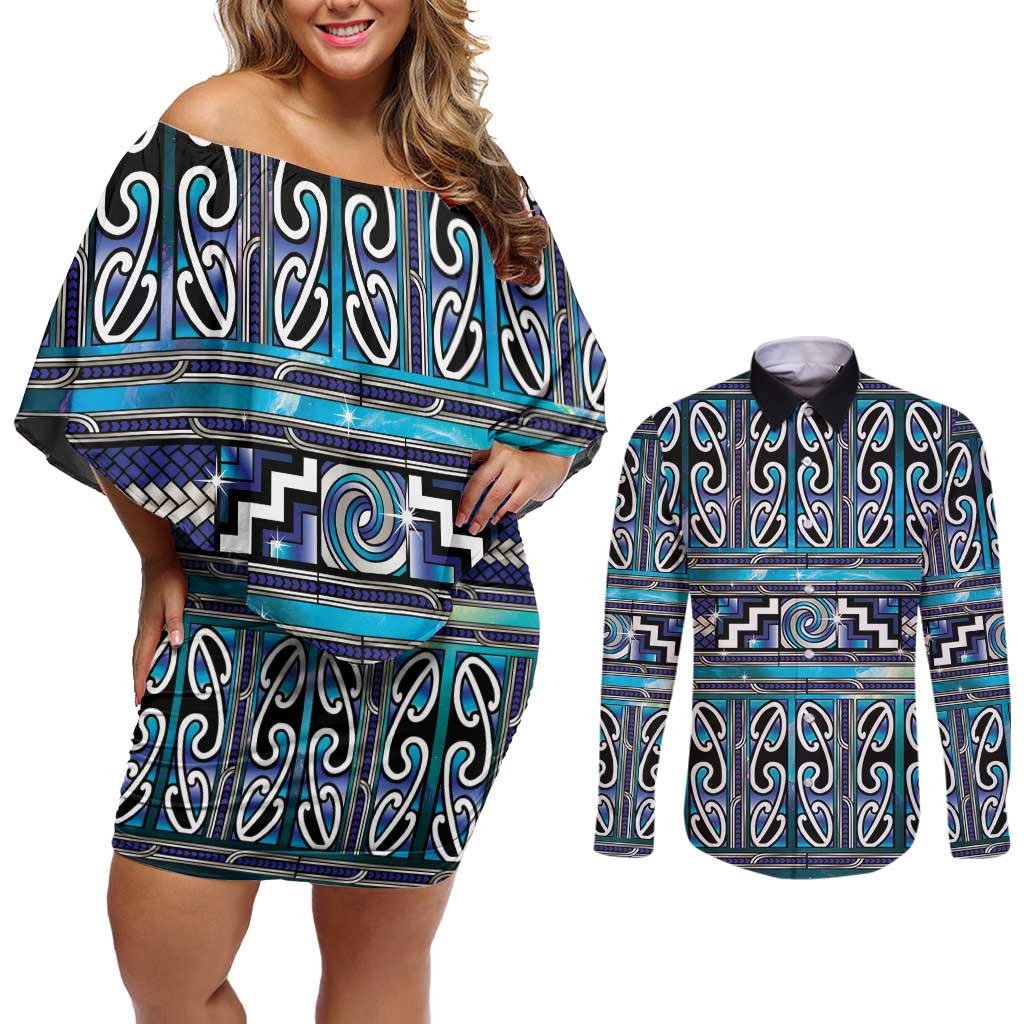 Maori Matariki Couples Matching Off Shoulder Short Dress and Long Sleeve Button Shirt Blue Galaxy Aesthetic Koru Art LT01 Blue - Polynesian Pride