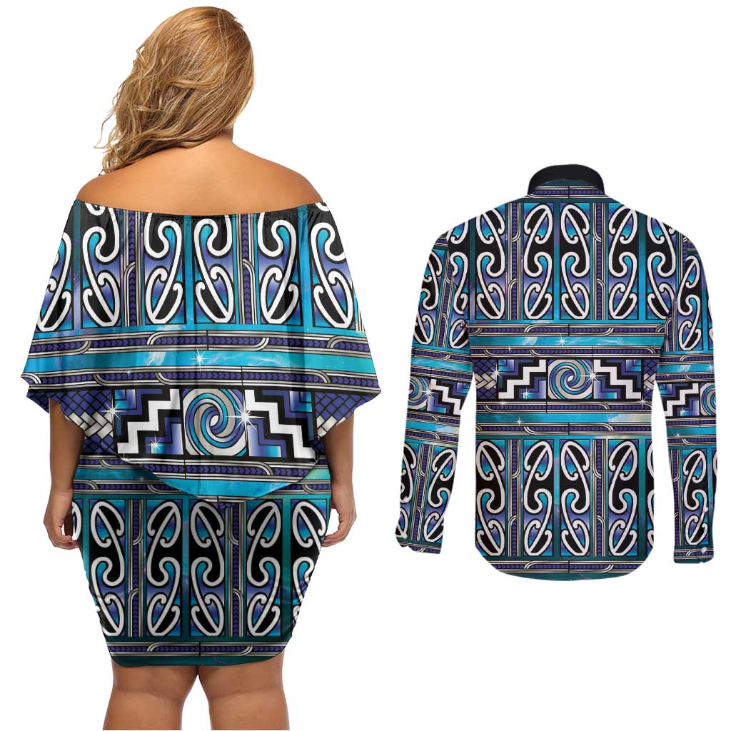 Maori Matariki Couples Matching Off Shoulder Short Dress and Long Sleeve Button Shirt Blue Galaxy Aesthetic Koru Art LT01 - Polynesian Pride