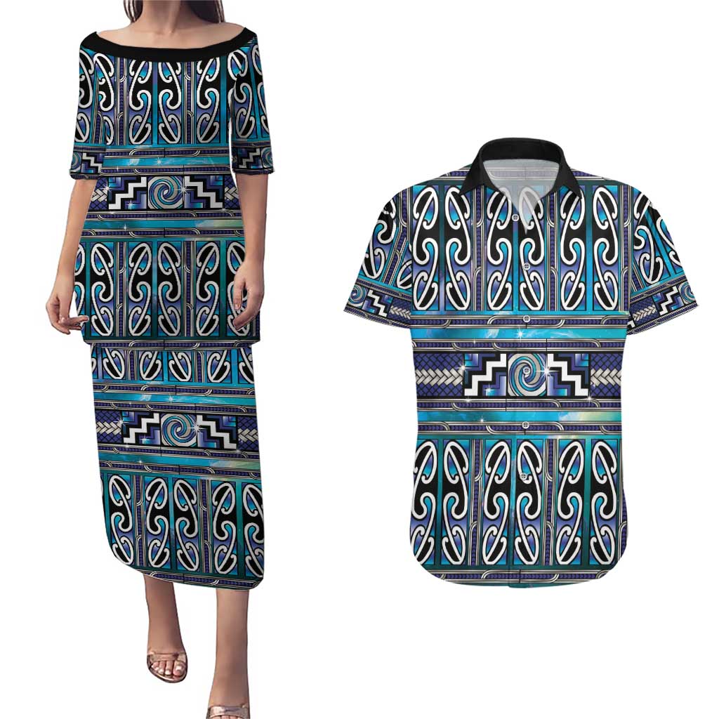 Maori Matariki Couples Matching Puletasi and Hawaiian Shirt Blue Galaxy Aesthetic Koru Art