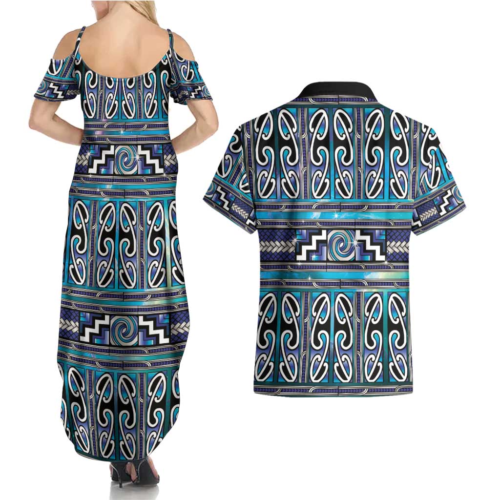 Maori Matariki Couples Matching Summer Maxi Dress and Hawaiian Shirt Blue Galaxy Aesthetic Koru Art