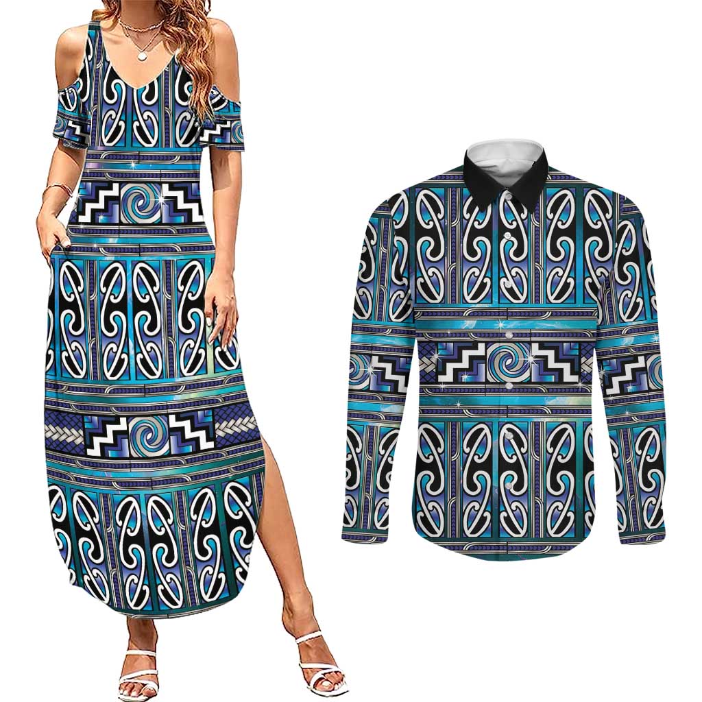 Maori Matariki Couples Matching Summer Maxi Dress and Long Sleeve Button Shirt Blue Galaxy Aesthetic Koru Art LT01 Blue - Polynesian Pride