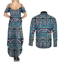Maori Matariki Couples Matching Summer Maxi Dress and Long Sleeve Button Shirt Blue Galaxy Aesthetic Koru Art LT01 - Polynesian Pride
