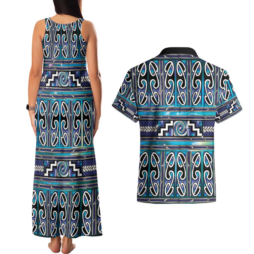 Maori Matariki Couples Matching Tank Maxi Dress and Hawaiian Shirt Blue Galaxy Aesthetic Koru Art