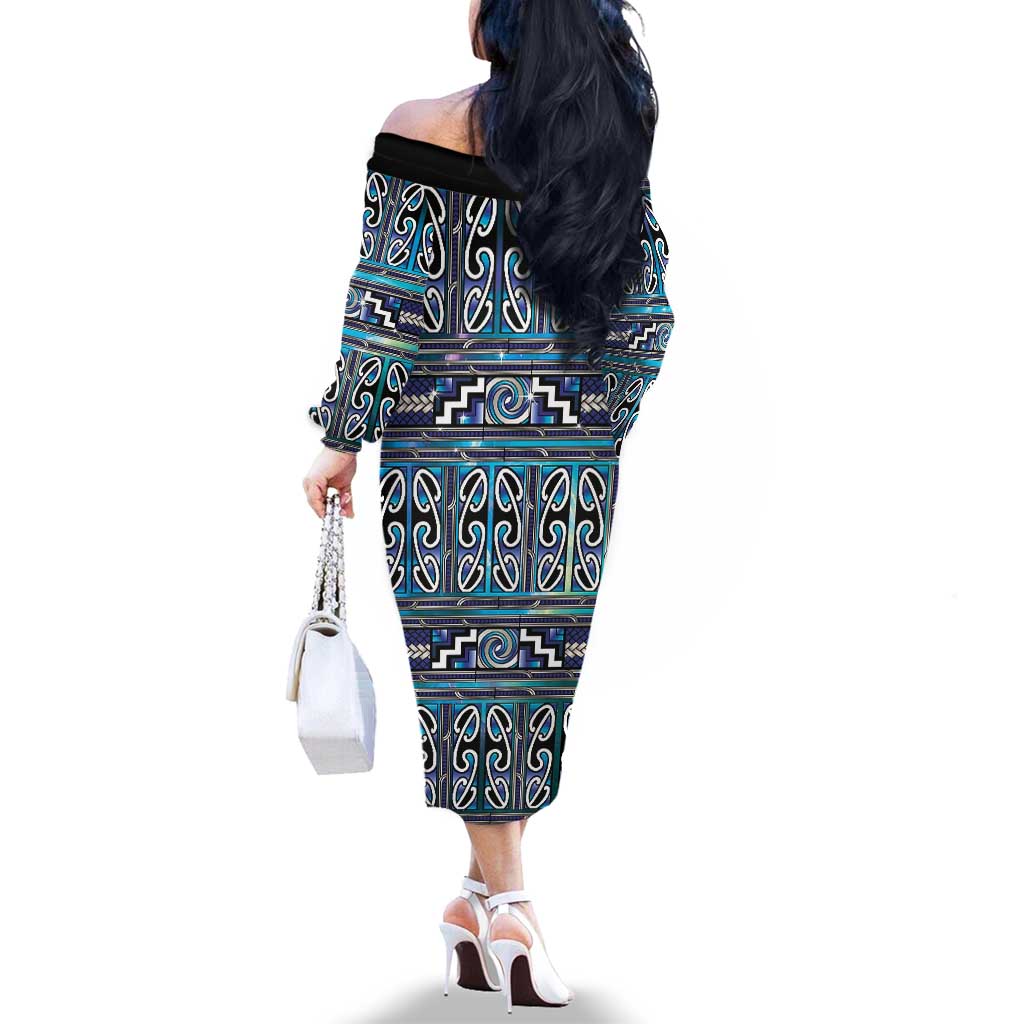 Maori Matariki Family Matching Off The Shoulder Long Sleeve Dress and Hawaiian Shirt Blue Galaxy Aesthetic Koru Art